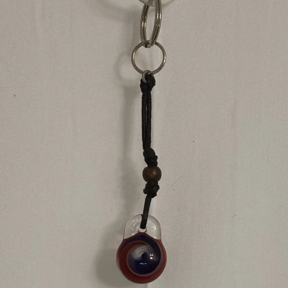 Red, White and Blue Marble Swirl Glass Pendant on Black Cord Keychain